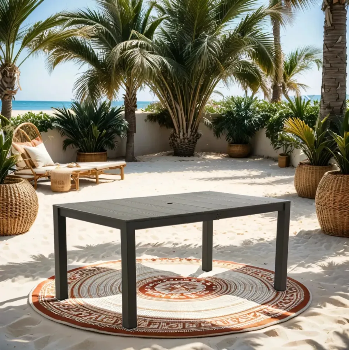 MONDAWE Rectangular Composite Outdoor Dining Table Woodgrain Top Patio Side Table with Adjustable Foot Pads