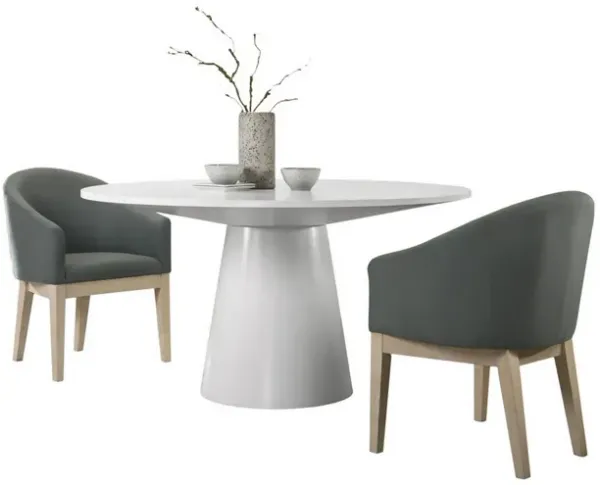 Yuvi 3 Piece Dining Table and Chair Set, Round, Barrel Seat, White, Gray - Benzara