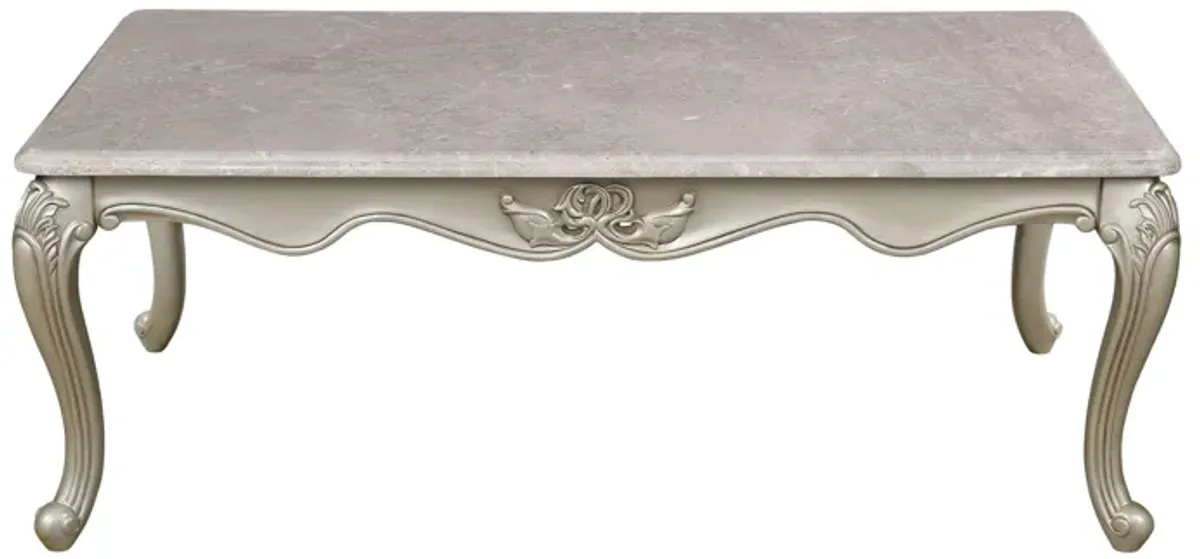 Kerra Cocktail Coffee Table, Beige Marble, Carved Champagne 54 Inch - Benzara