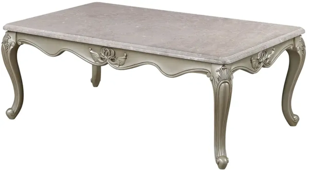 Kerra Cocktail Coffee Table, Beige Marble, Carved Champagne 54 Inch - Benzara