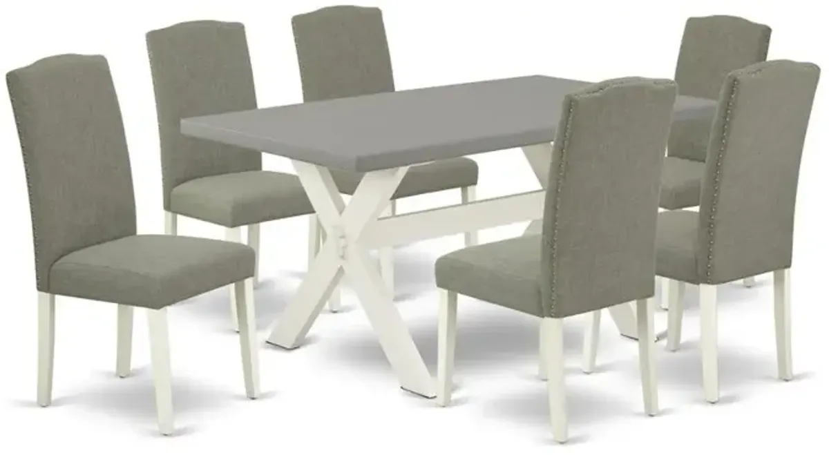 East West Furniture 7-Piece Stylish a Good Cement Color rectangular Table Top and 6 Excellent Linen Fabric Parson Dining Room Chairs with Nail Heads and Stylish Chair Back, Linen White Finish