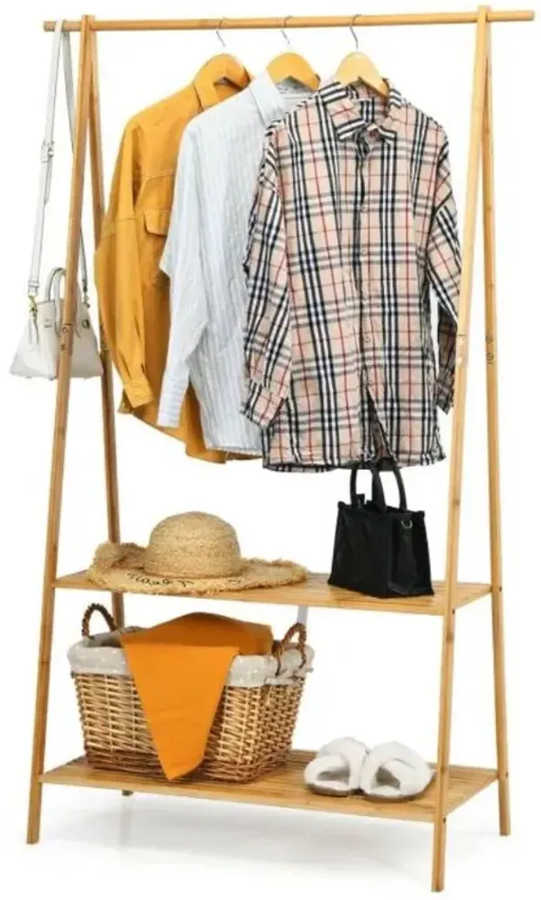 Hivvago Entryway Bedroom Wood Garment Clothes Hanging Rack with 2 Bottom Storage Shelves