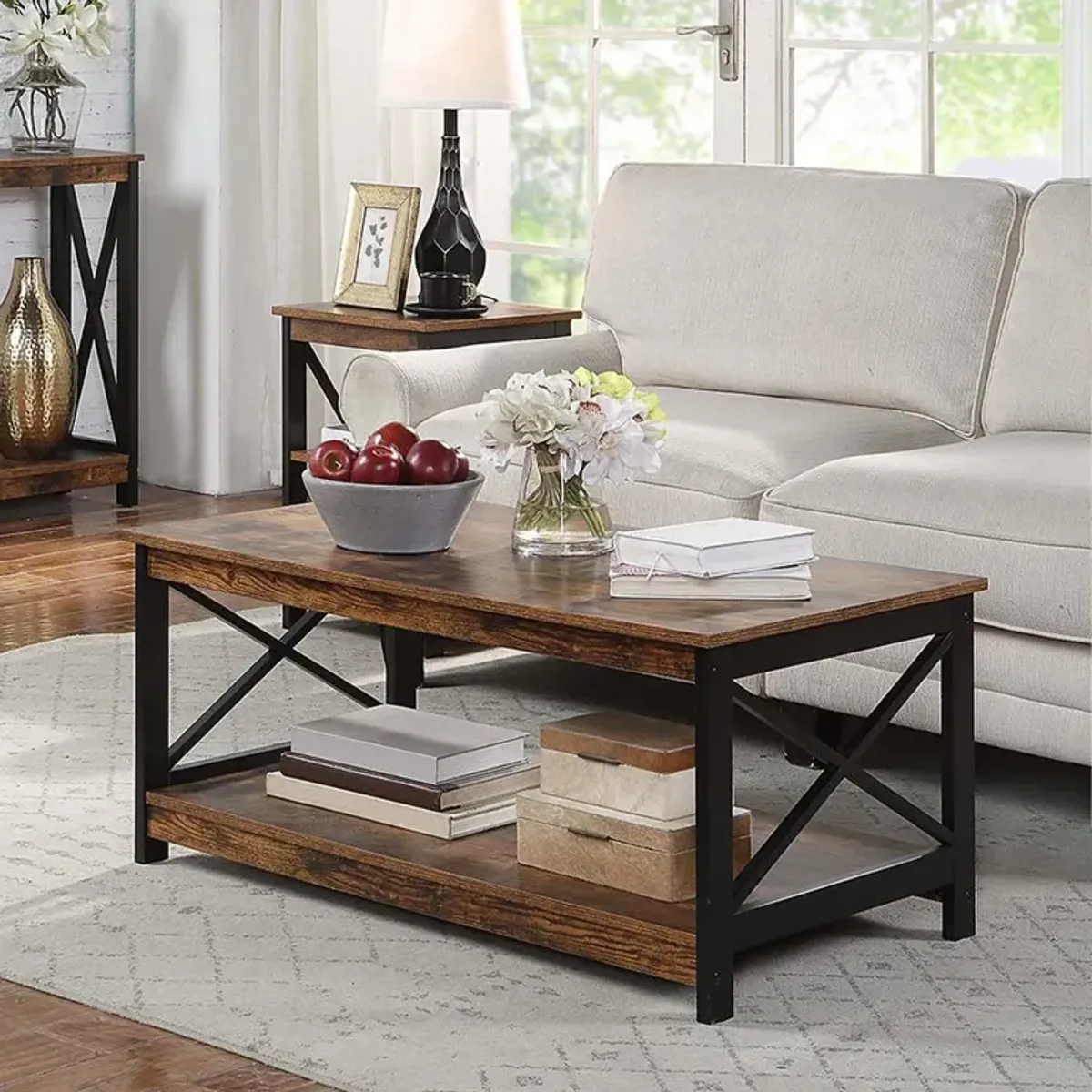 Convenience Concepts Oxford Coffee Table with Shelf Barnwood/Black