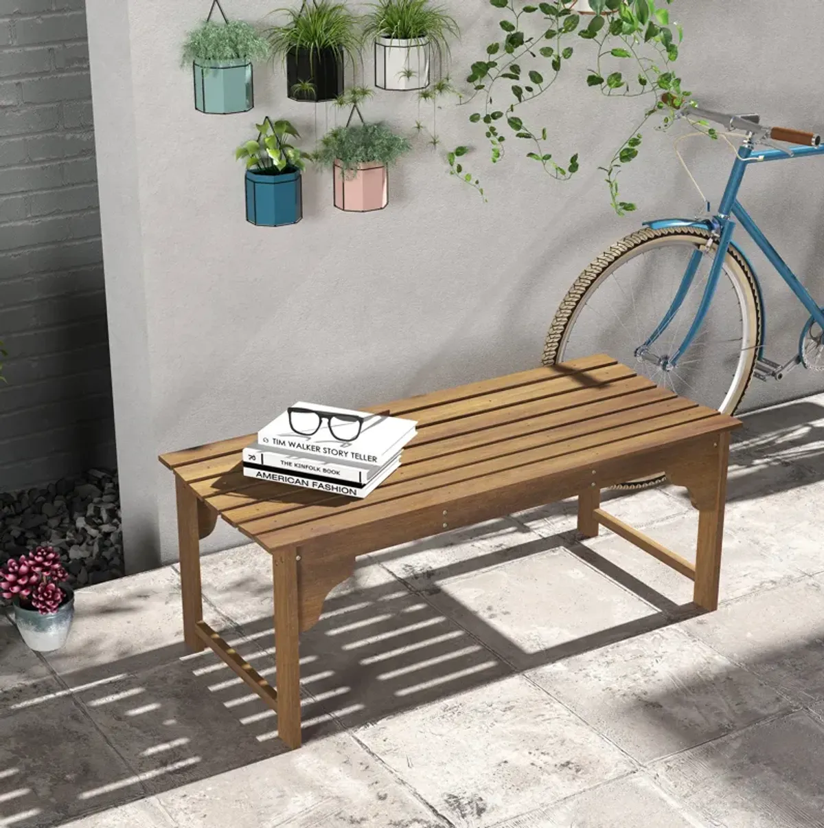 Outsunny Wooden Garden Bench, Outdoor Park Bench with Slatted Seat, Backless Front Porch Bench with Curved Seat for Conservatory, Garden, Poolside, Deck, Teak