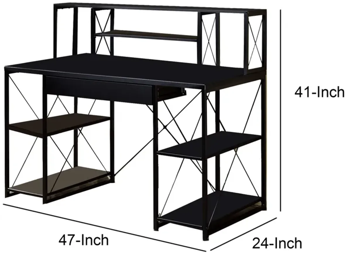 Industrial Style Desk with 4 Open Selves and Bookcase Hutch, Black-Benzara