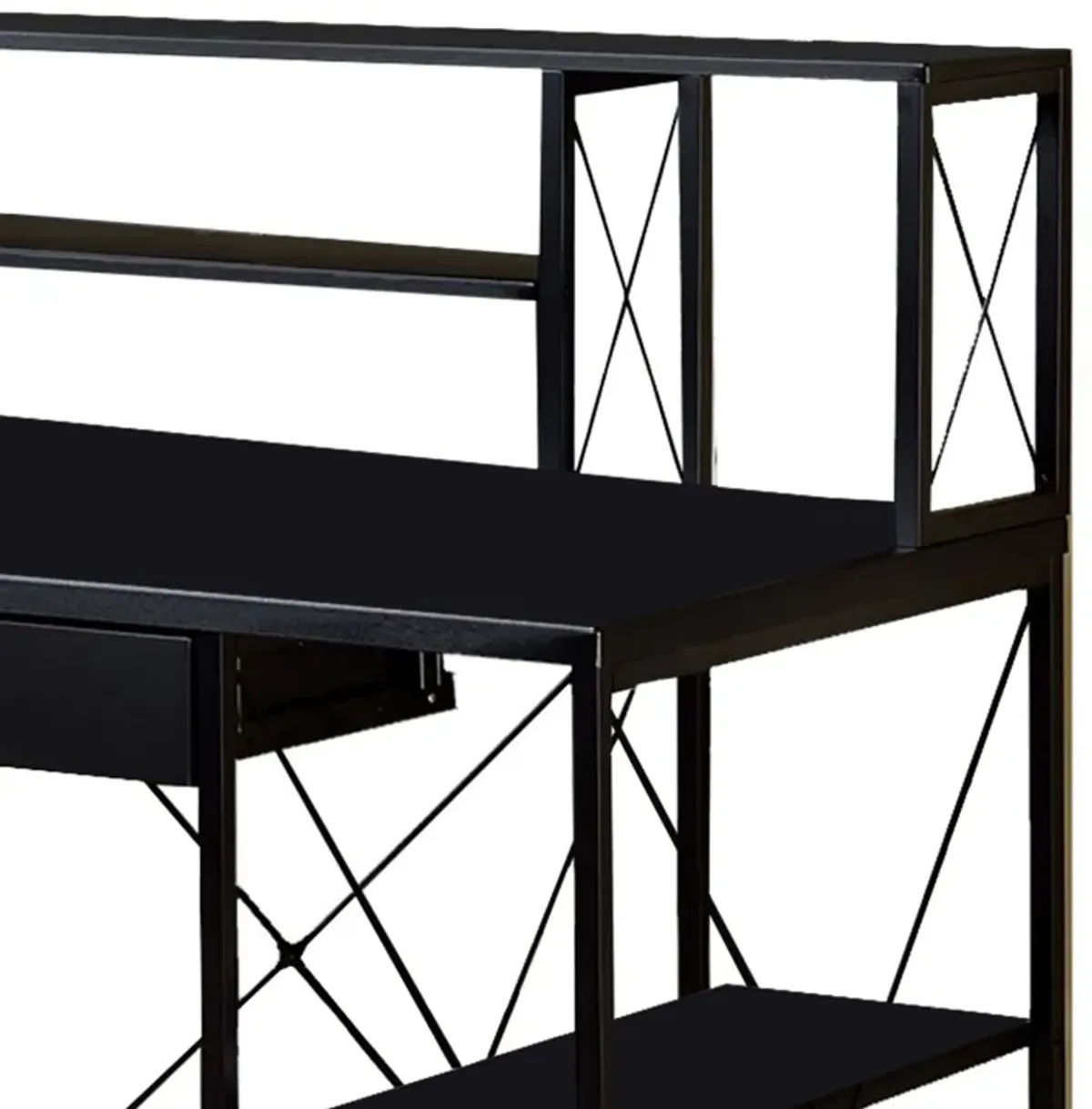 Industrial Style Desk with 4 Open Selves and Bookcase Hutch, Black-Benzara