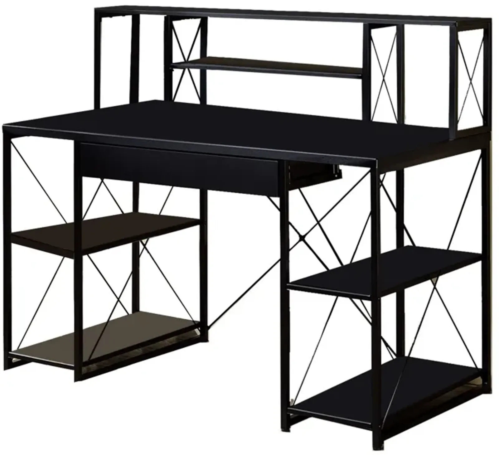 Industrial Style Desk with 4 Open Selves and Bookcase Hutch, Black-Benzara