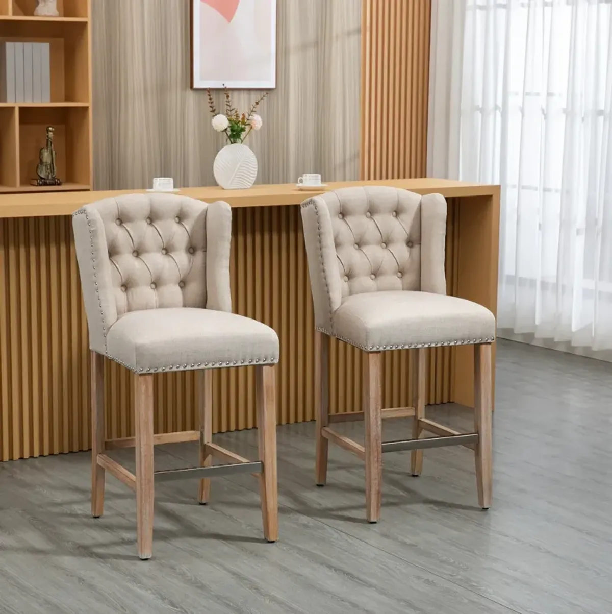 Counter Height Bar Stools Set of 2, Upholstered 26.75" Seat Height Barstools, Breakfast Chairs with Nailhead-Trim, Tufted Back and Wood Legs