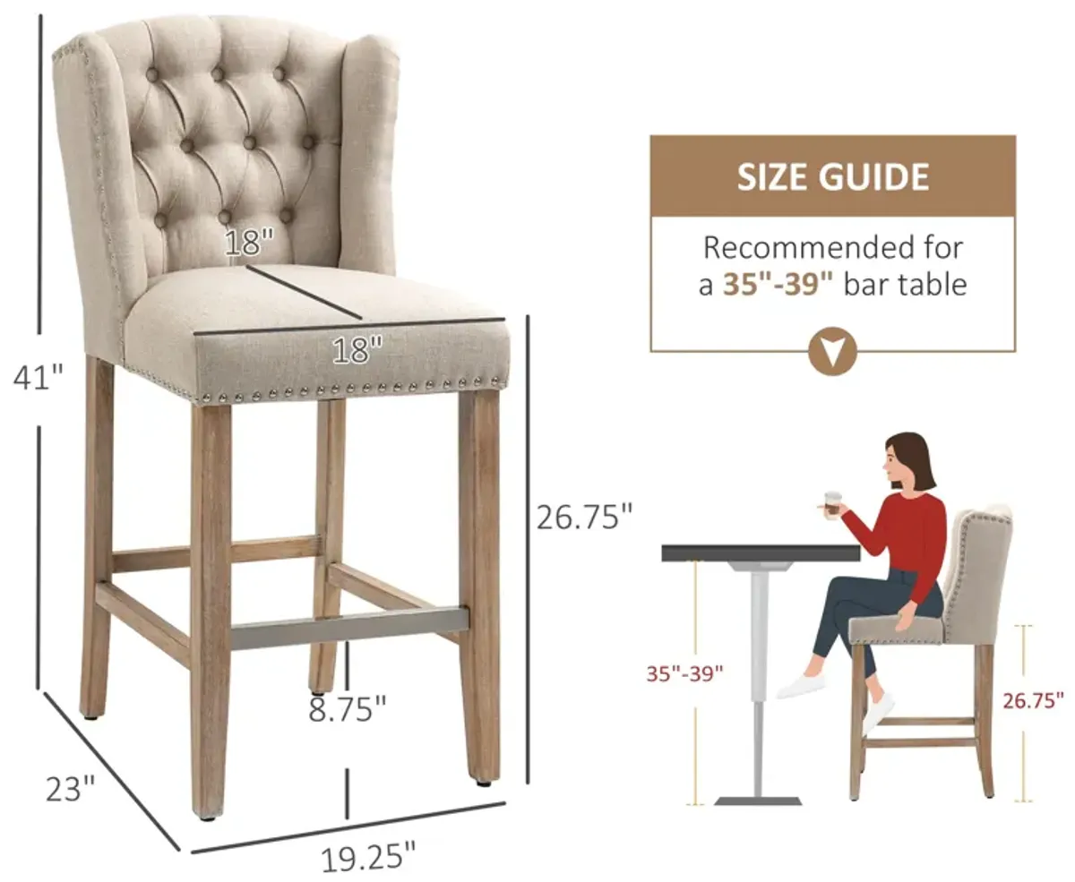 Counter Height Bar Stools Set of 2, Upholstered 26.75" Seat Height Barstools, Breakfast Chairs with Nailhead-Trim, Tufted Back and Wood Legs