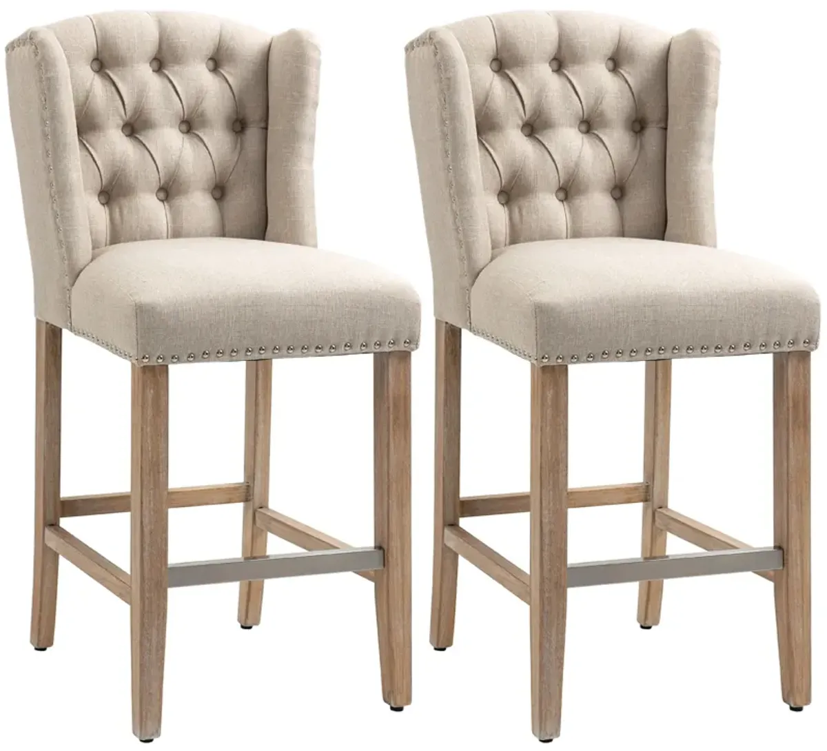 Counter Height Bar Stools Set of 2, Upholstered 26.75" Seat Height Barstools, Breakfast Chairs with Nailhead-Trim, Tufted Back and Wood Legs