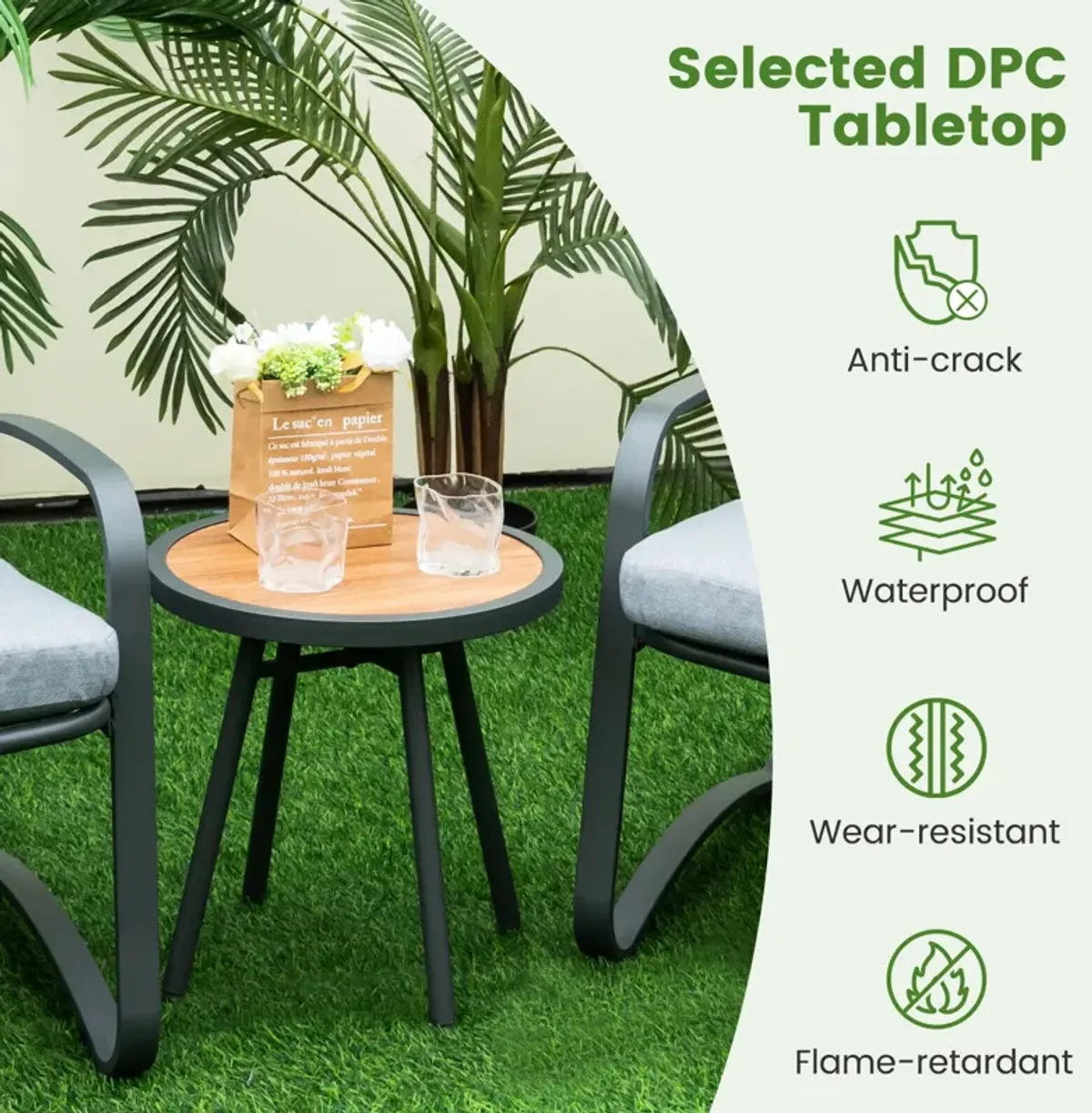 3 Pieces Patio Bistro Conversation Set with Waterproof DPC Tabletop