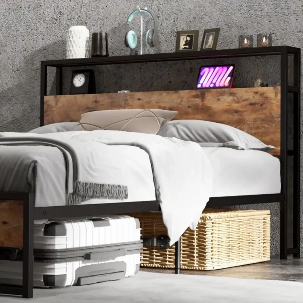 Hivvago Bed Frame with 2-Tier Storage Headboard and Charging Station