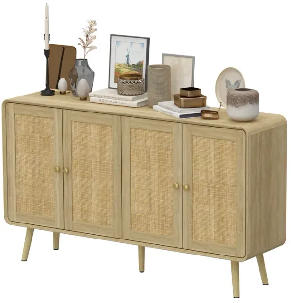 FUFU&GAGA Rattan Wardrobe, Modern Closet with 4 Doors, Gold Handles & Solid Wood Legs, Bedroom Storage Cabinet for Clothes & Accessories (55.1" W x 32.1" H x 13.9" D), Natural Wood