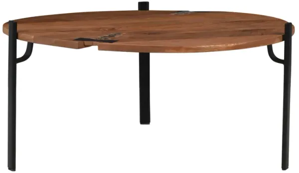 Handcrafted 31-Inch Round Live Edge Mango Wood Coffee Table with Cracks & Stitches, Black Iron Legs - Benzara