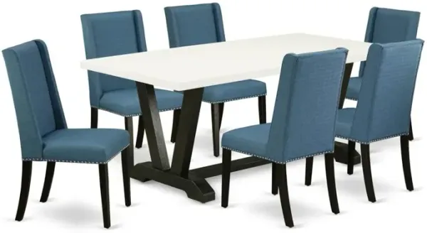 East West Furniture 7-Piece Amazing kitchen table set a Superb Linen White Dining Room Table Top and 6 Beautiful Linen Fabric Dining Room Chairs with Nail Heads and Stylish Chair Back, Wir