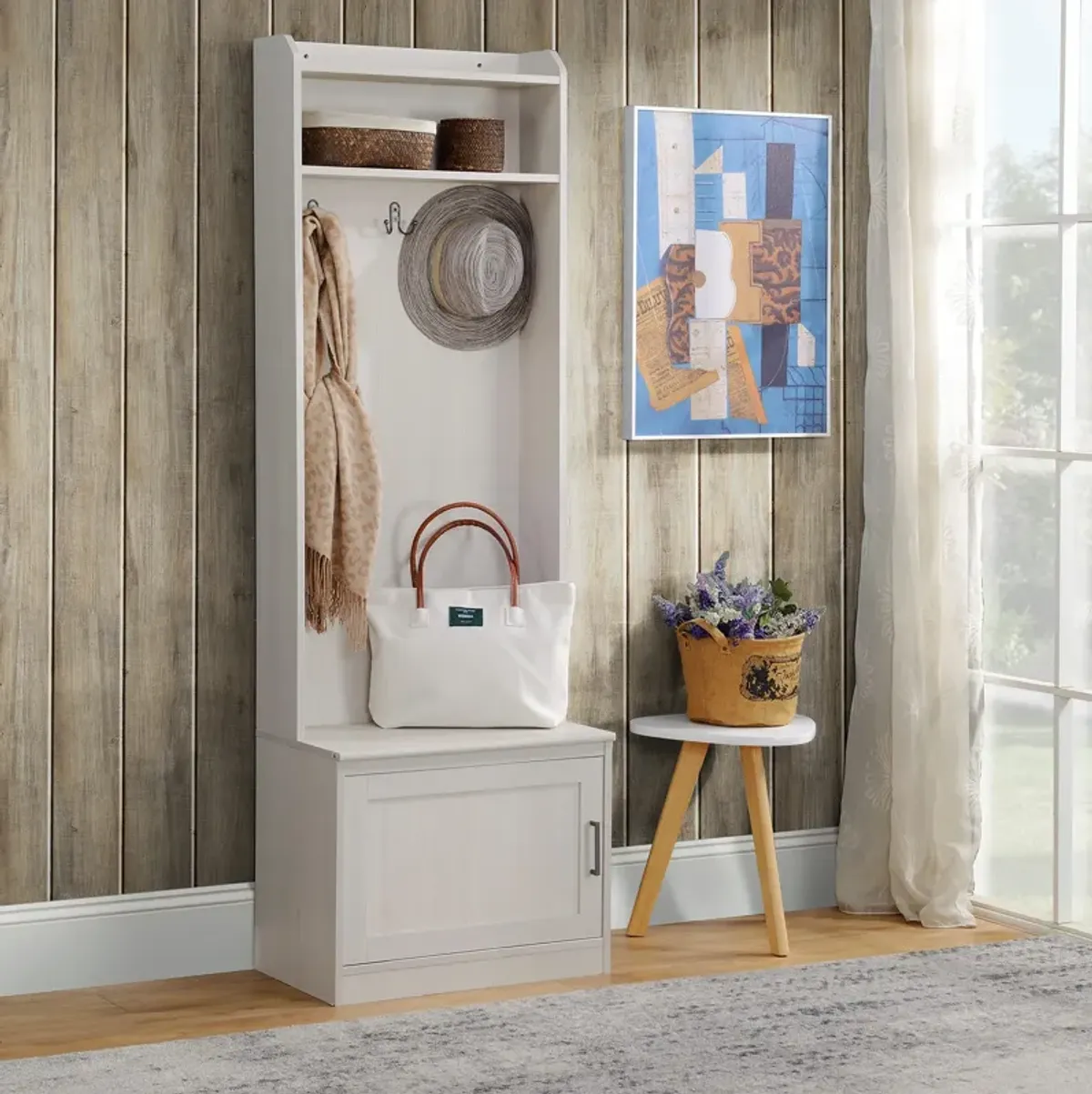 White Rustic Entryway: Hall Tree Bench with Coat Rack & Shoe Storage