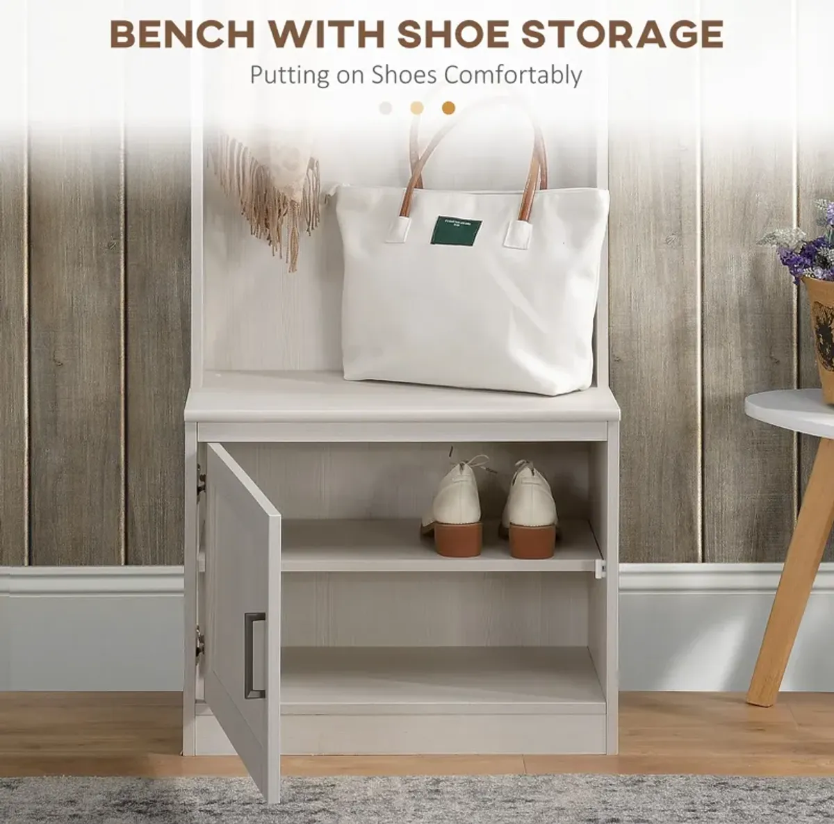 White Rustic Entryway: Hall Tree Bench with Coat Rack & Shoe Storage