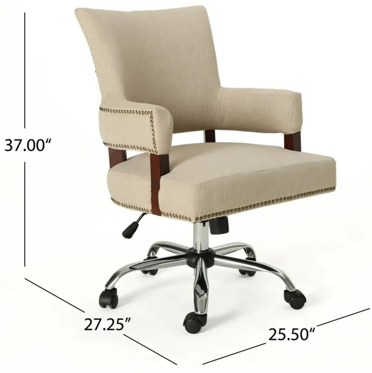 Lini Rolling Office Chair, Beige, Nailhead Trim, Swivel, Chrome Metal - Benzara