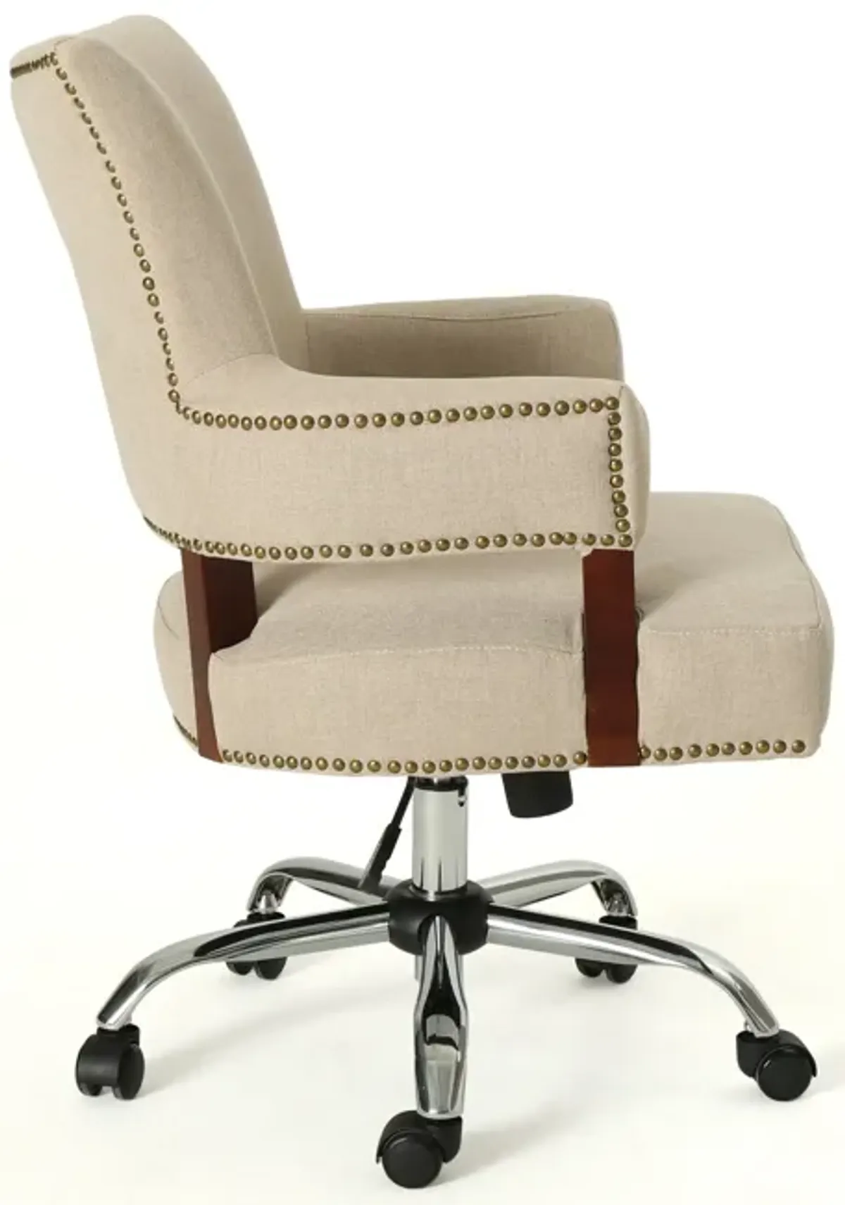 Lini Rolling Office Chair, Beige, Nailhead Trim, Swivel, Chrome Metal - Benzara