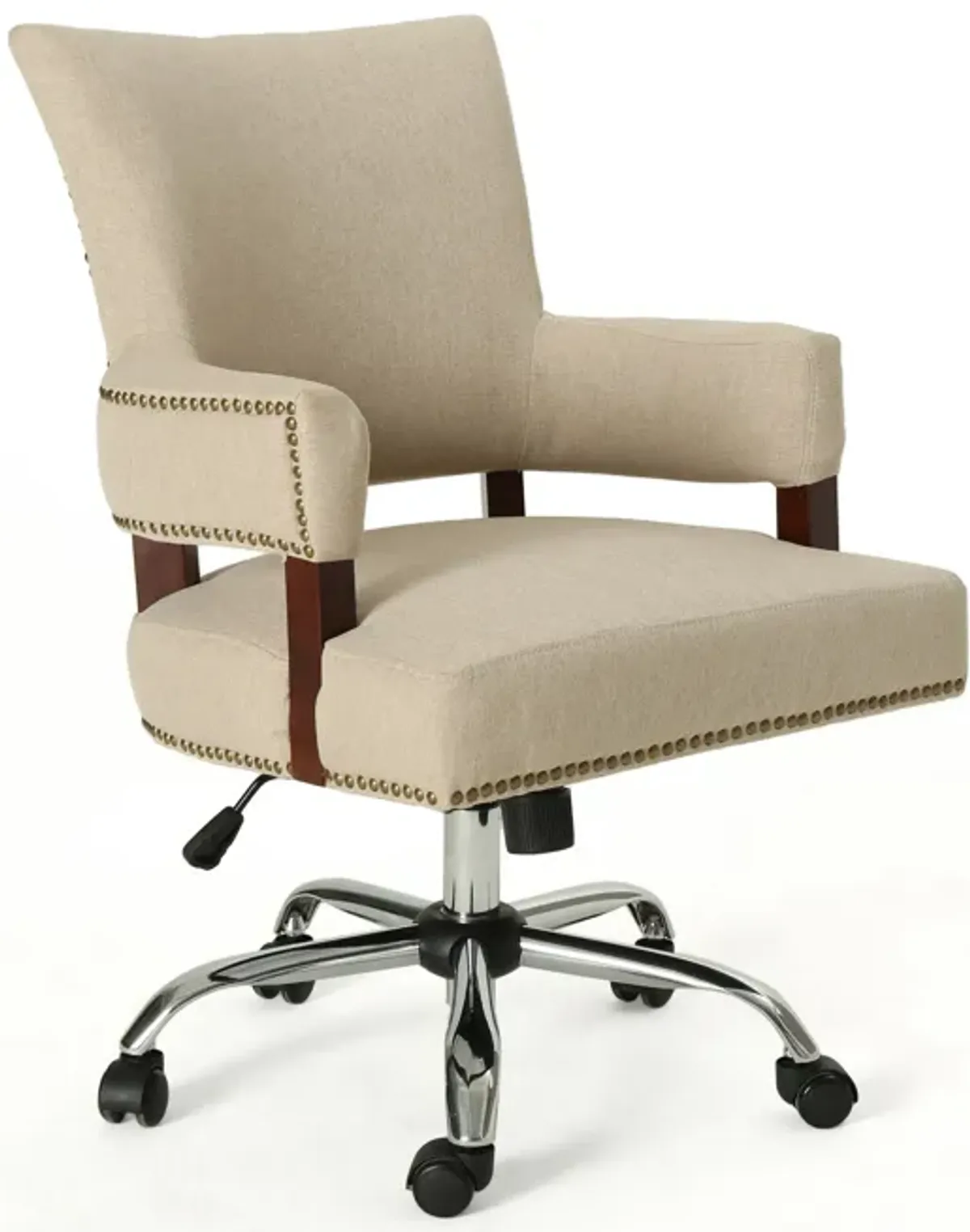 Lini Rolling Office Chair, Beige, Nailhead Trim, Swivel, Chrome Metal - Benzara