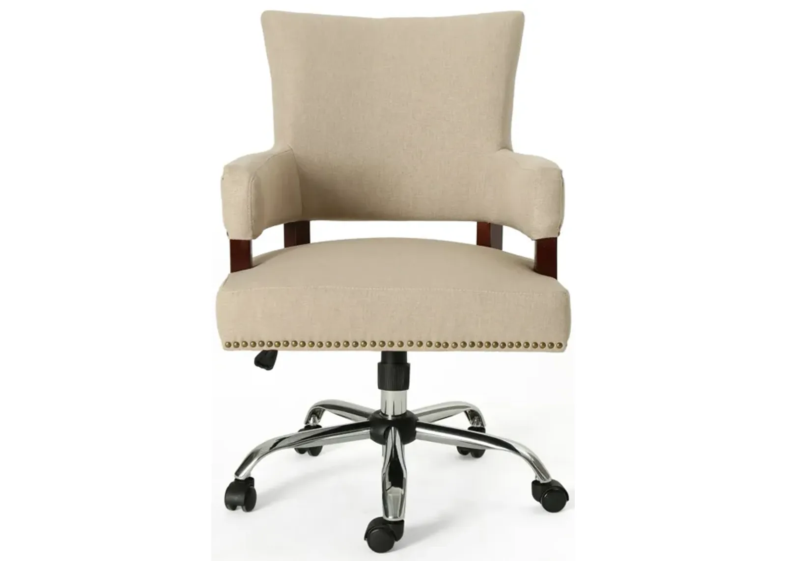 Lini Rolling Office Chair, Beige, Nailhead Trim, Swivel, Chrome Metal - Benzara