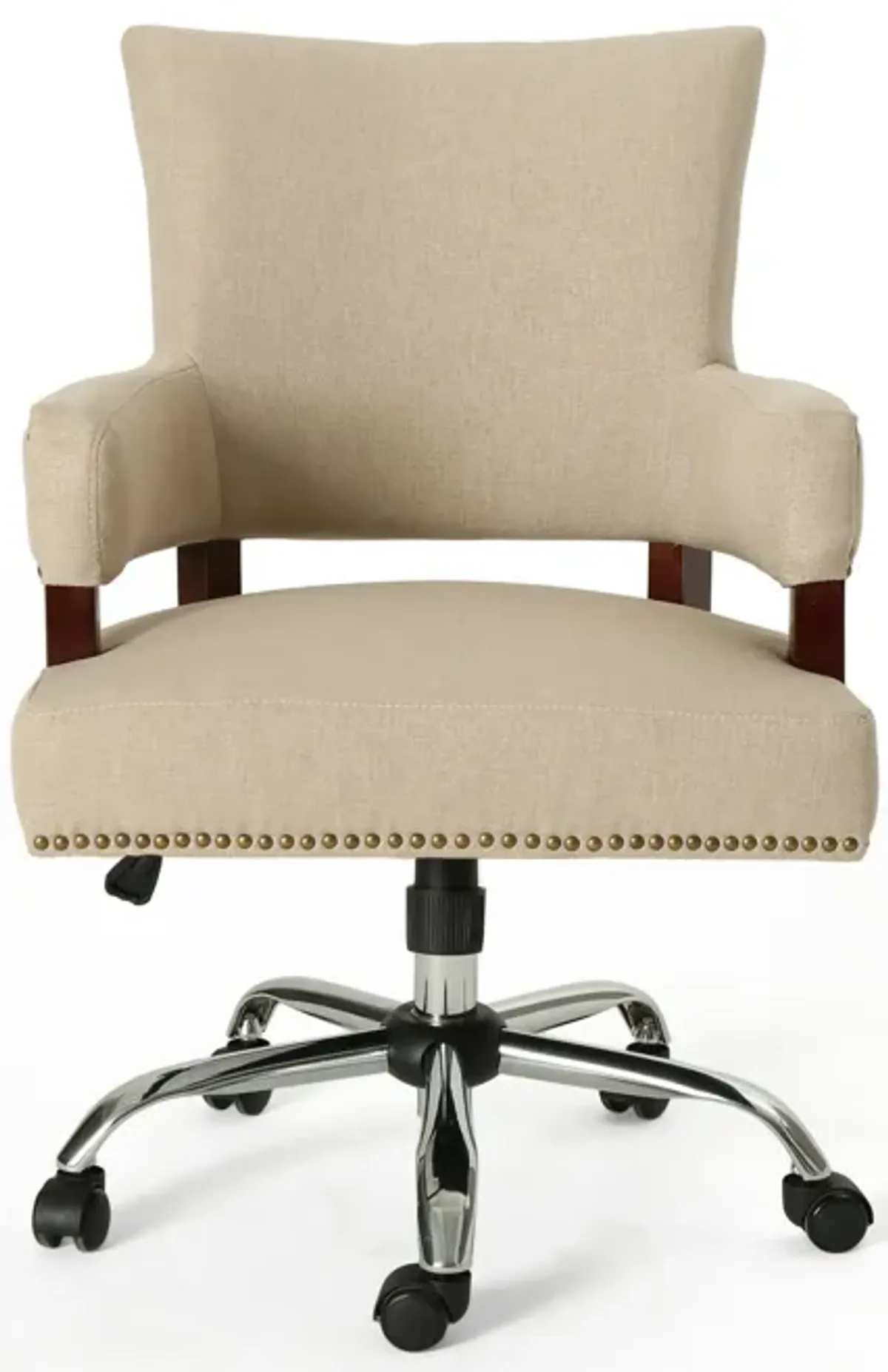 Lini Rolling Office Chair, Beige, Nailhead Trim, Swivel, Chrome Metal - Benzara