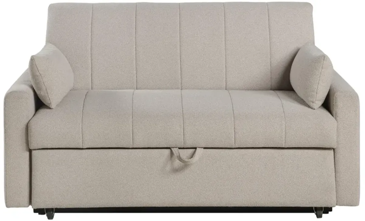 Porta Sleeper Sofa Bed, Latte Ivory Boucle Fabric, Full Size, 60 Inch - Benzara