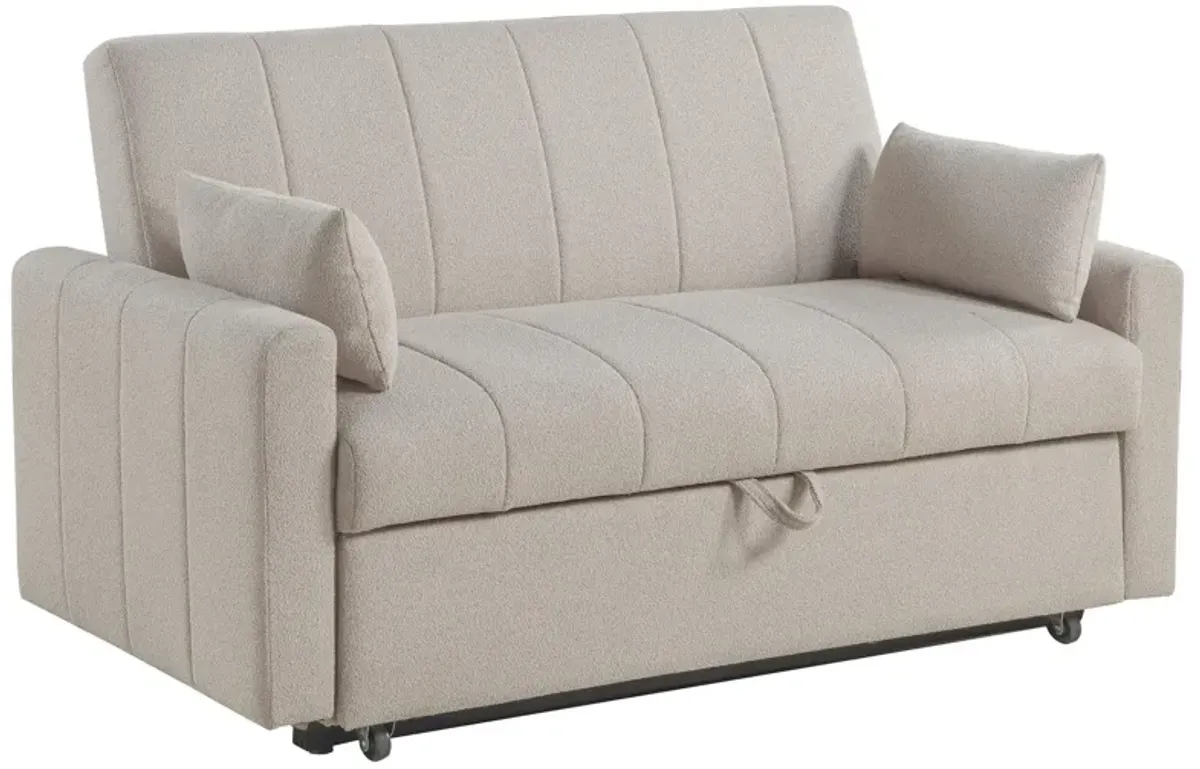 Porta Sleeper Sofa Bed, Latte Ivory Boucle Fabric, Full Size, 60 Inch - Benzara