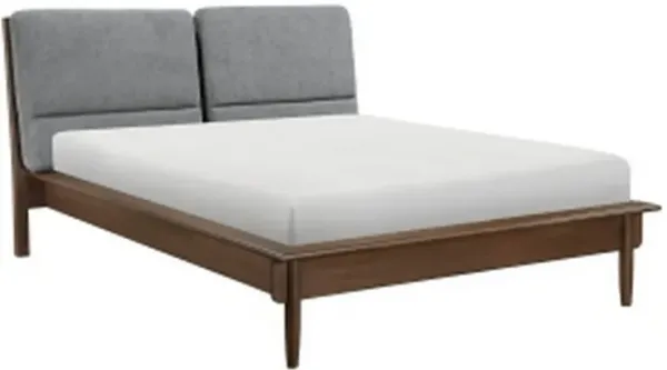 Soly Queen Size Platform Bed, Upholstered Back Panel, Brown, Dark Gray - Benzara