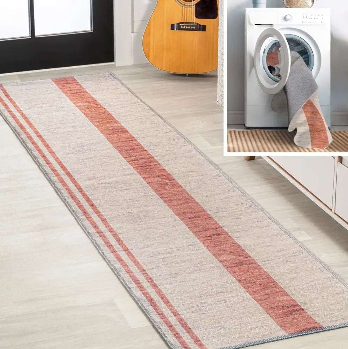 Raita Modern Distressed Stripe Machine Washable Area Rug