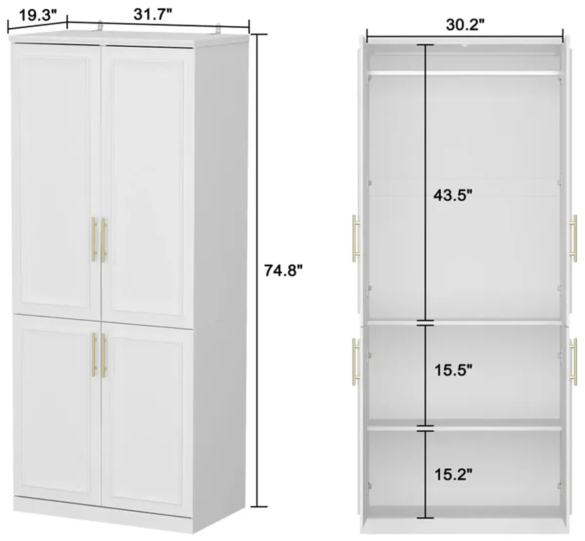 FUFU&GAGA  Armoire with Shelves and Hanging Rods for Bedroom Storage (31.7" W x 19.3" D x 74.8" H)White