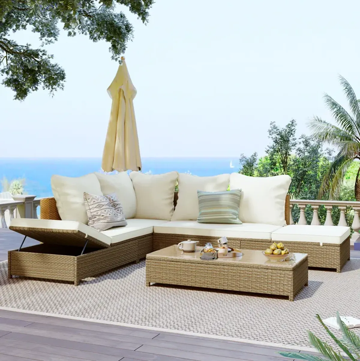 Merax Outdoor 3-Piece Rattan Sofa Set with Table