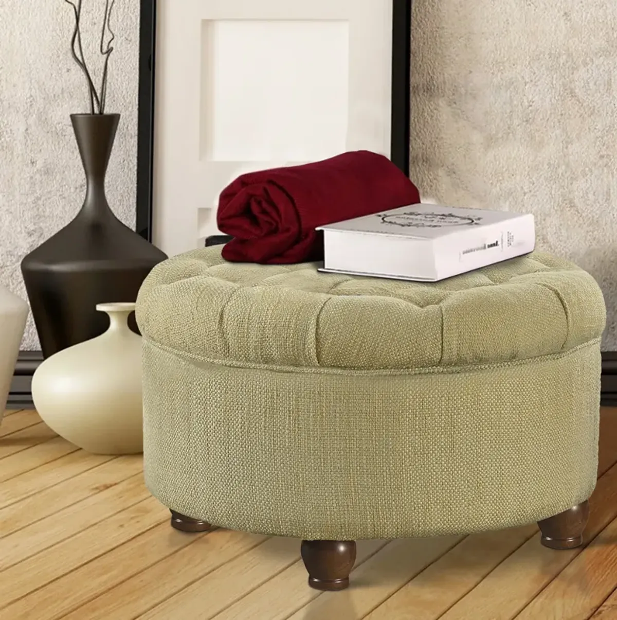 Fabric Upholstered Wooden Ottoman with Tufted Lift Off Lid Storage, Beige and Brown - Benzara