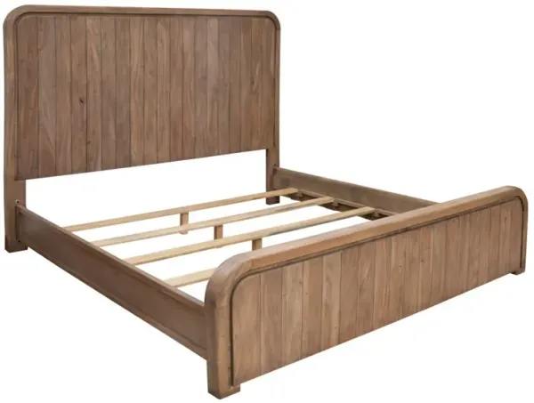 Okai King Bed, Vertical Lines, Round Edge Panel Headboard, Brown Solid Wood - Benzara