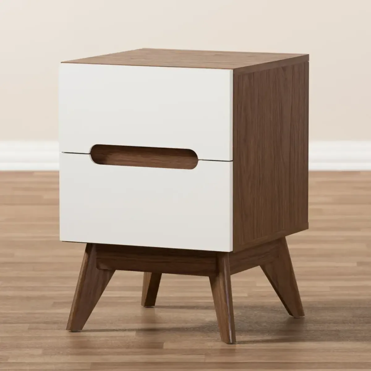 Baxton Studio Calypso Mid Century Modern White And Walnut Wood 2 Drawer Storage Nightstand