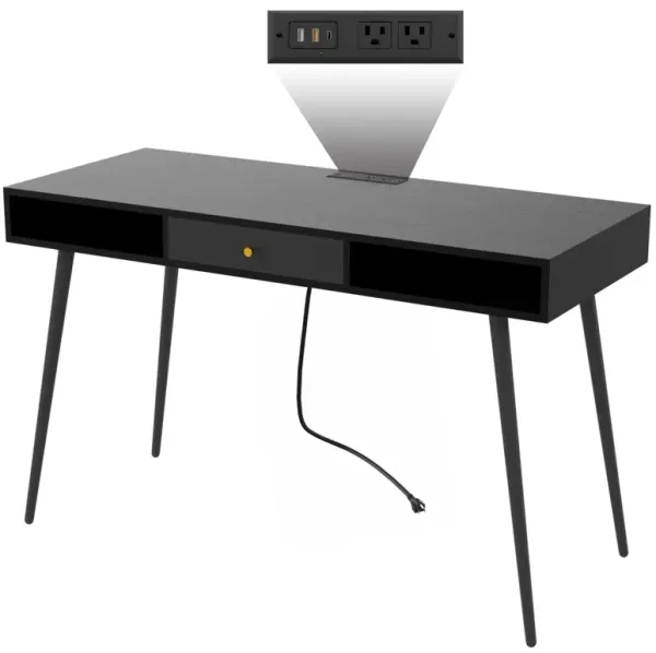 Mid Century Desk with USB Ports and Power Outlet, Modern Writing Study Desk with Drawers, Multifunctional Home Office Computer Desk Black
