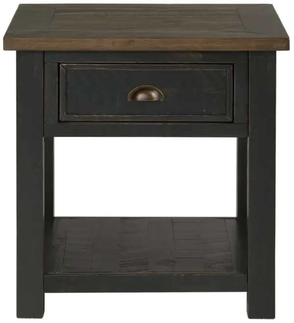 Fiya 24 Inch Coastal End Table, Drawer, Shelf, Miter Cut Top, Brown, Black-Benzara