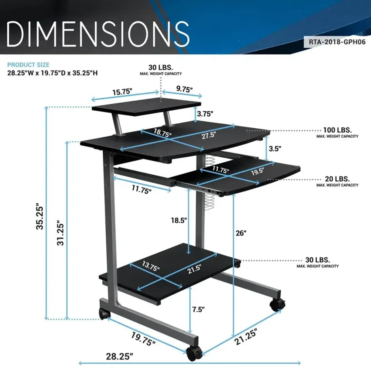 Techni Mobili Compact Computer Cart With Storage . Color: Graphite