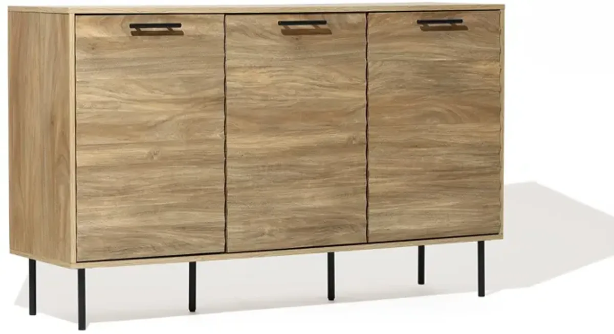 LuxenHome Mid-Century Modern Wave 3-Door 55.1-Inch Wide Kitchen Sideboard Cabinet with Metal Legs