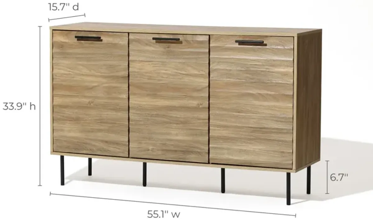 LuxenHome Mid-Century Modern Wave 3-Door 55.1-Inch Wide Kitchen Sideboard Cabinet with Metal Legs