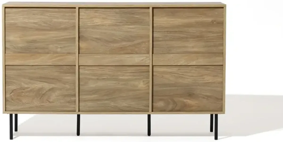 LuxenHome Mid-Century Modern Wave 3-Door 55.1-Inch Wide Kitchen Sideboard Cabinet with Metal Legs