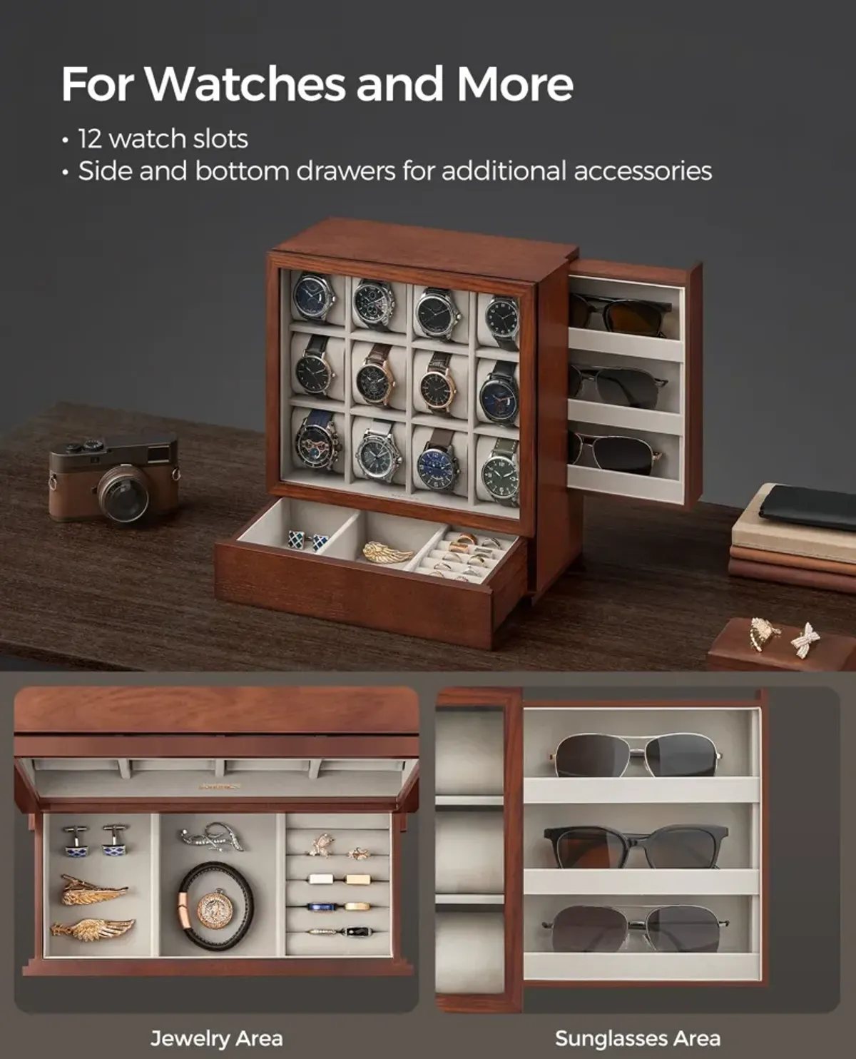 12-Slot Wooden Watch Box Elegant Storage with Premium Craftsmanship and Protective Lining