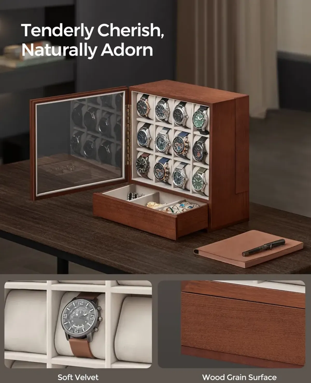 12-Slot Wooden Watch Box Elegant Storage with Premium Craftsmanship and Protective Lining