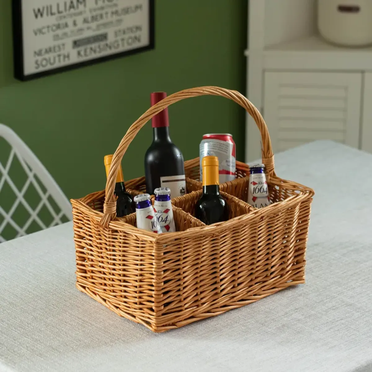 Wickewise Indoor and Outdoor 6 Bottle Wine and Beverage Wicker Tote Basket – Perfect for Beer, Champagne, Bar Accessories, Home Bars, Picnics, Parties, and Bachelor Party Favors, Brown