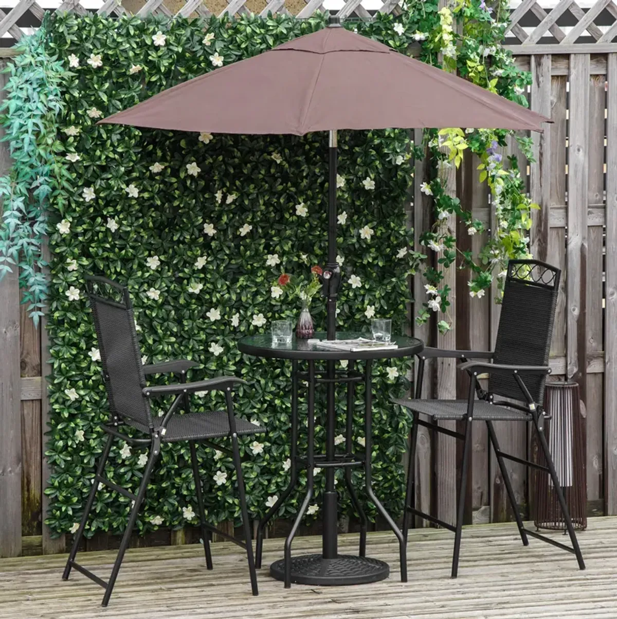 Black Patio Dining: 4-Piece Bar Set with Umbrella and Folding Chairs