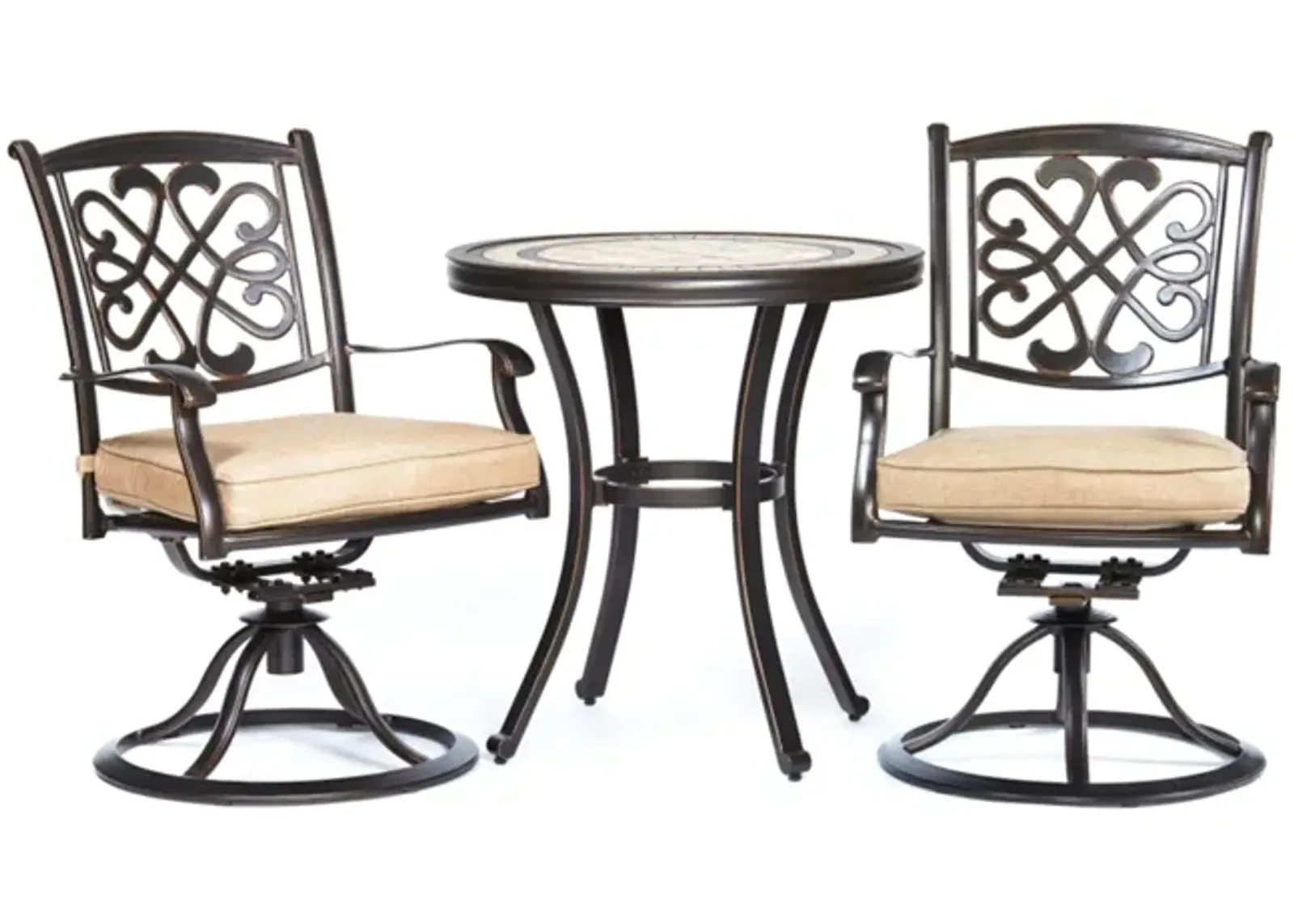 MONDAWE 3-Piece Cast Aluminum Round 28 in. H Outdoor Bistro Set with Swivel Metal Chairs with Beige Cushion