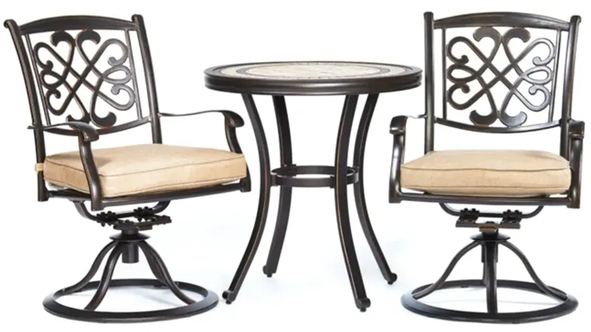 MONDAWE 3-Piece Cast Aluminum Round 28 in. H Outdoor Bistro Set with Swivel Metal Chairs with Beige Cushion