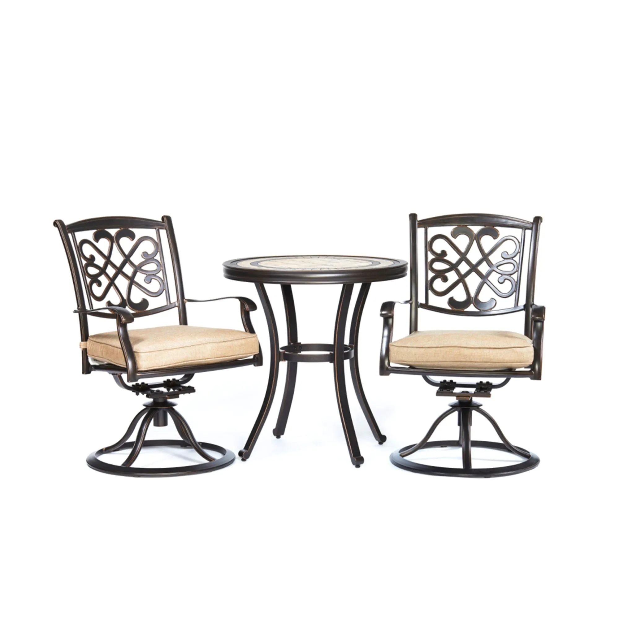 MONDAWE 3-Piece Cast Aluminum Round 28 in. H Outdoor Bistro Set with Swivel Metal Chairs with Beige Cushion