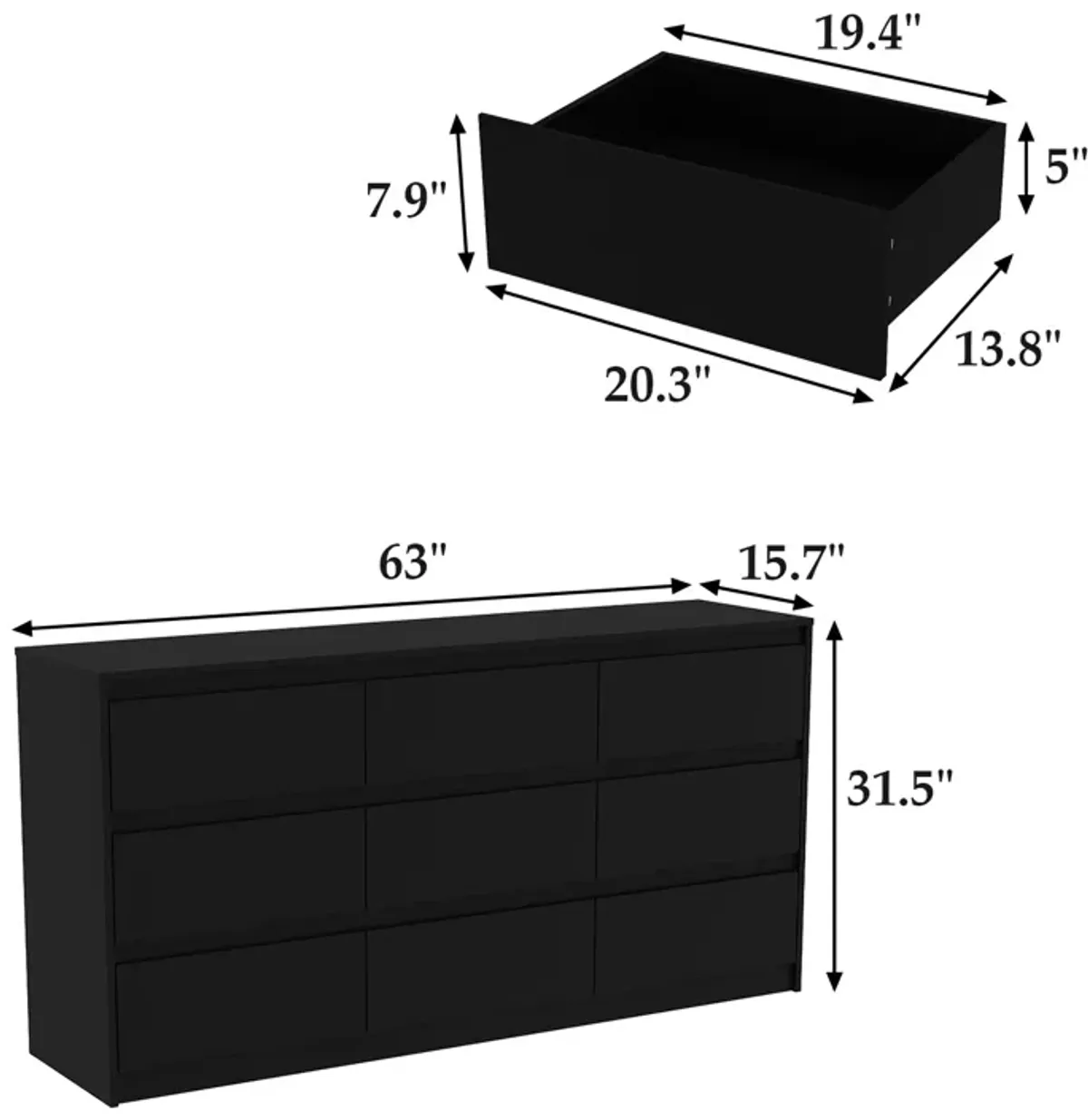 9-Drawer Black Wood Dresser Modern Style 31.5 in. H x 63 in. W x 15.7 in. D