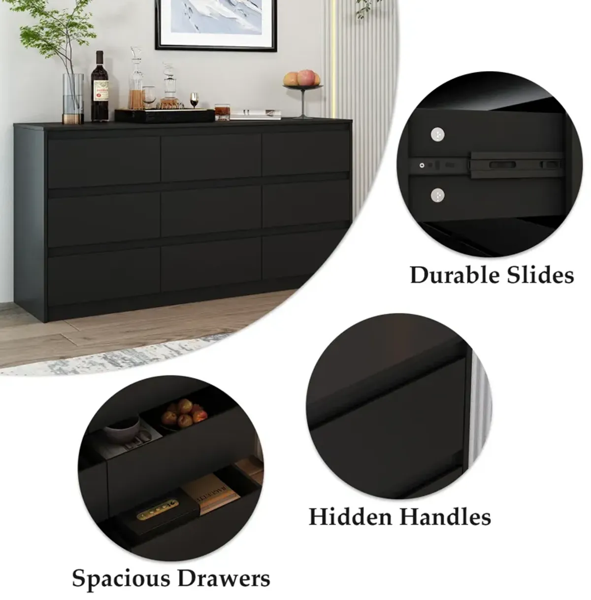 9-Drawer Black Wood Dresser Modern Style 31.5 in. H x 63 in. W x 15.7 in. D